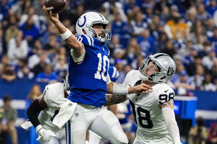 New Las Vegas Raiders quarterback Gardner Minshew (10) was able to study his new team when he played the Silver and Black in Week 17 last season.